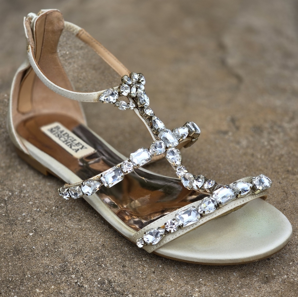 Badgley Mischka Champagne Crystal Embellished Gladiator Sandals - Size 6M